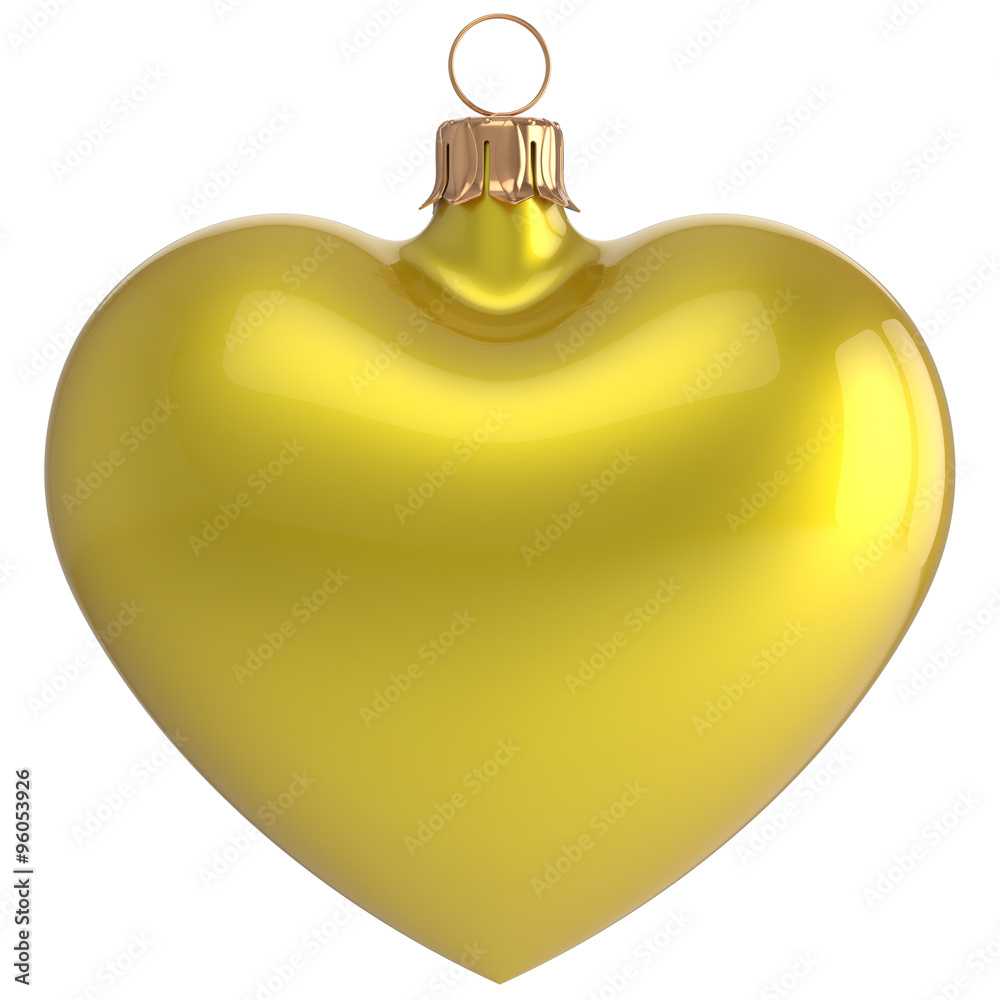 Obraz premium Christmas ball heart New Year's Eve bauble love decoration yellow blank adornment. Merry Xmas traditional wintertime holidays ornament romantic. 3d render isolated on white background