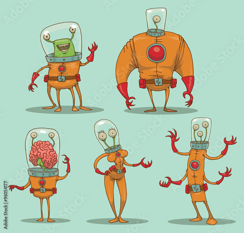 Vector Set of Funny aliens. Cartoon image of five different funny aliens in orange spacesuits on a light blue background.