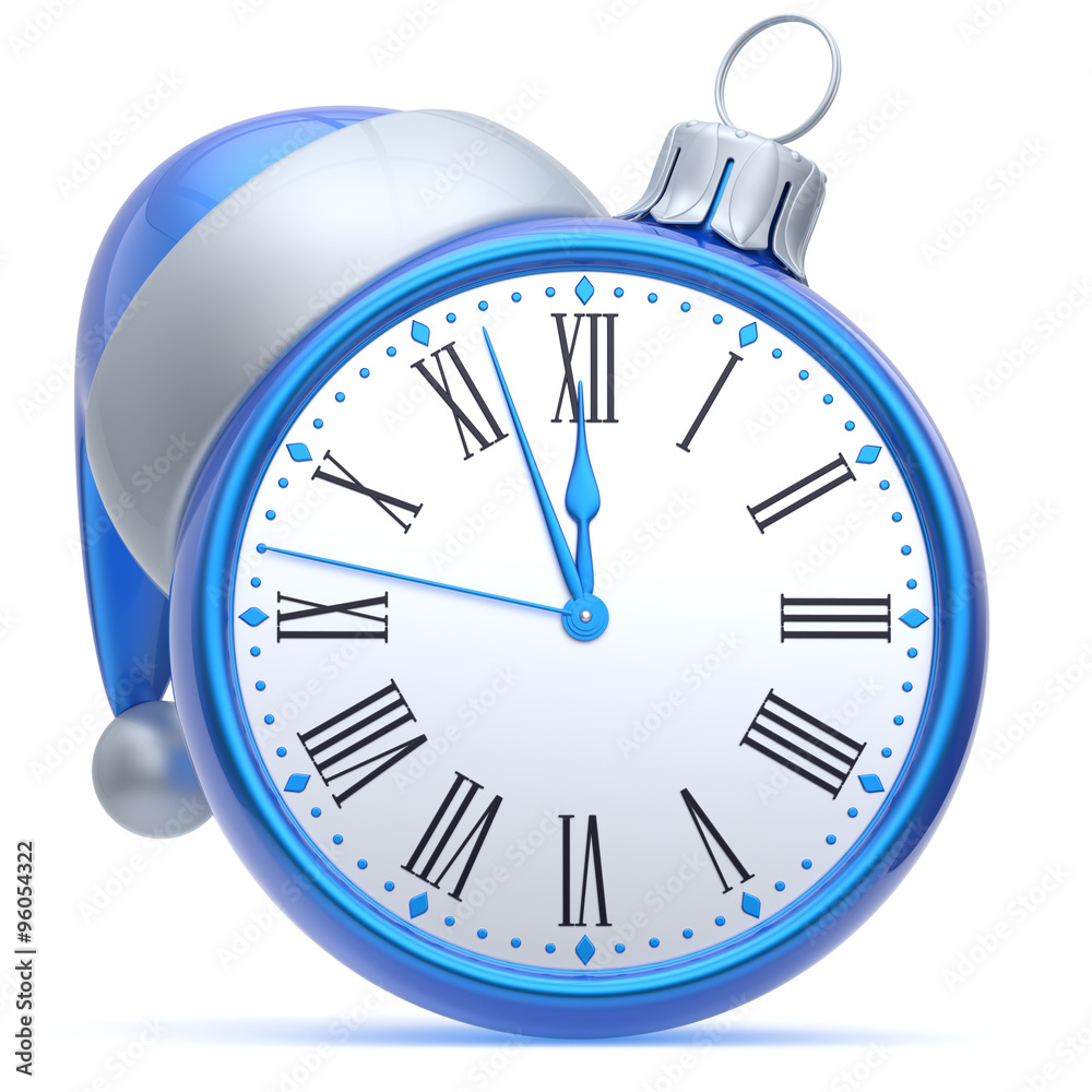 New Year's Eve alarm clock Santa hat Christmas ball decoration bauble ornament blue white. Traditional wintertime holidays midnight countdown beginning time future symbol adornment. 3d render isolated New Year's Eve alarm clock Santa hat Christmas ball decoration bauble ornament blue white. Traditional wintertime holidays midnight countdown beginning time future symbol adornment. 3d render isolated