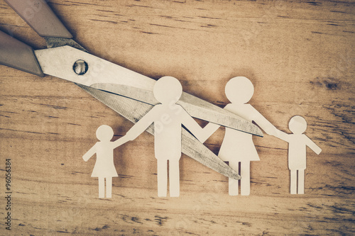 Scissors cutting paper cut of family / Broken family concept / divorce photo