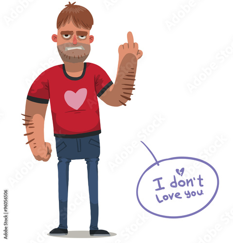 Vector cartoon image of angry  man with brown hair wearing blue jeans and a red T-shirt with pink heart sign showing a middle finger on his hand on a white background. Anti valentine.