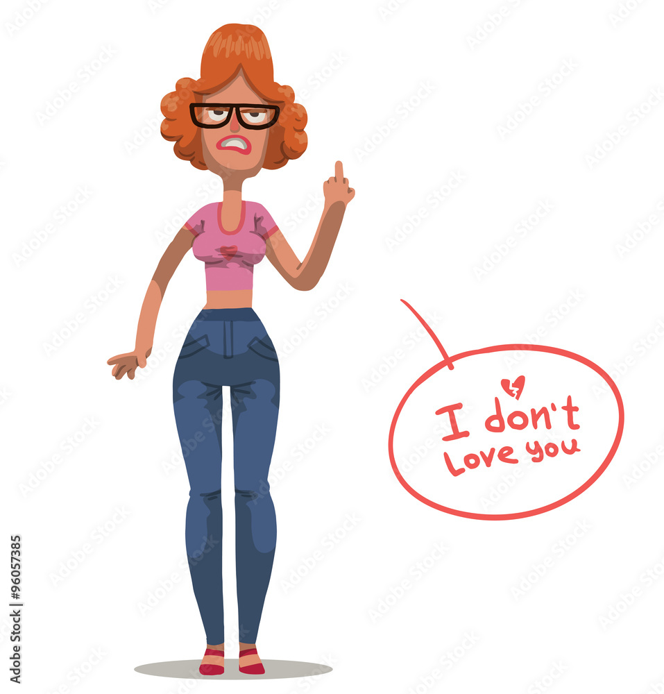 Vector cartoon image of angry woman with ginger hair wearing glasses, in blue jeans and a pink t-shirt showing a middle finger on her hand on a white background. Anti valentine. Vector cartoon image of angry woman with ginger hair wearing glasses, in blue jeans and a pink t-shirt showing a middle finger on her hand on a white background. Anti valentine.
