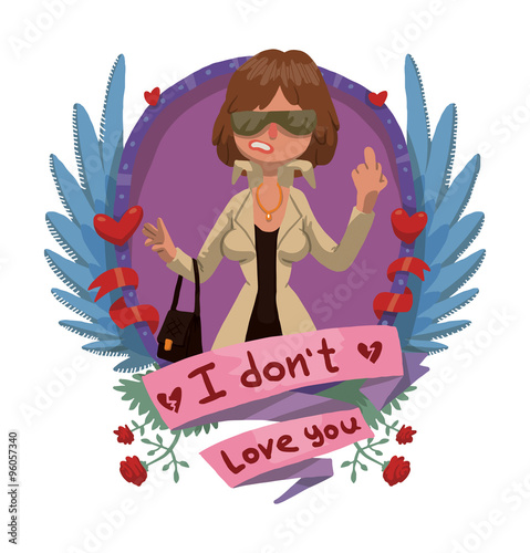 Vector card with violet-blue oval frame with a light blue wings, red ribbons, roses, signs of heart and pink banner with cartoon image of angry woman in coat on a light background. Anti valentine.