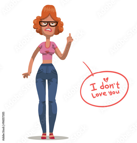 Vector cartoon image of angry woman with ginger hair wearing glasses, in blue jeans and a pink t-shirt showing a middle finger on her hand on a white background. Anti valentine.