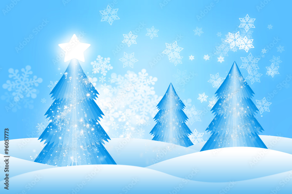 Blue Christmas Trees on a Snowflake Background