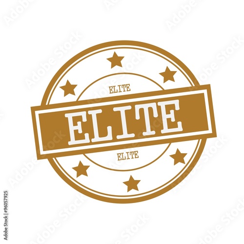 Elite white stamp text on circle on brown background and star photo