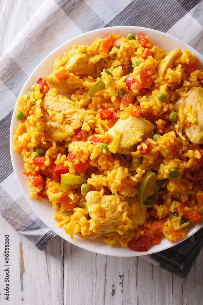 Arroz con pollo close up in a bowl. vertical top view
Arroz con pollo close up in a bowl. vertical top view