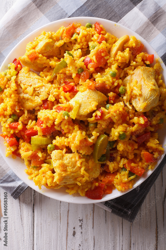Rice with chicken and vegetables close up in a bowl. vertical top view
Rice with chicken and vegetables close up in a bowl. vertical top view