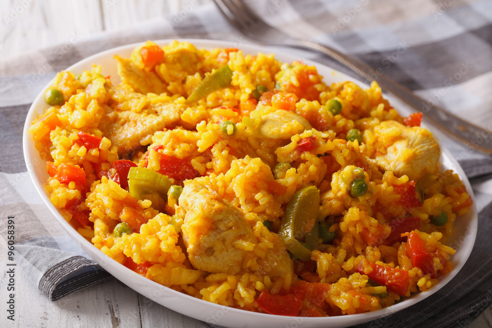 Hispanic food: Arroz con pollo close up in a bowl. Horizontal
Hispanic food: Arroz con pollo close up in a bowl. Horizontal