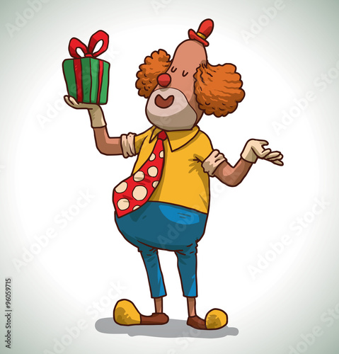 Vector cartoon image of a happy funny clown with ginger hair with a red clown nose in blue pants, yellow shirt, red tie and hat, yellow shoes with a green gift in hand on a light background.