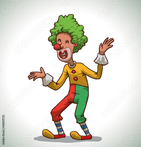 Vector cartoon image of a happy funny clown with green hair with a red clown nose, red and green pants, yellow shirt and red and yellow shoes smiling on a light background.