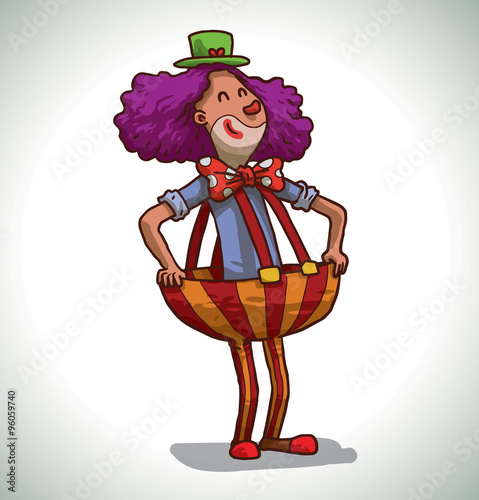 Vector cartoon image of a happy funny clown with purple hair with a red  clown nose in big red-and-yellow striped pants, blue shirt, green hat and  red shoes smiling on a light