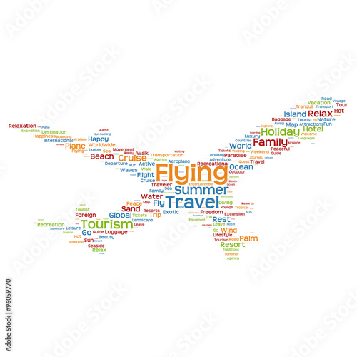 Vector conceptual travel or tourism plane word cloud