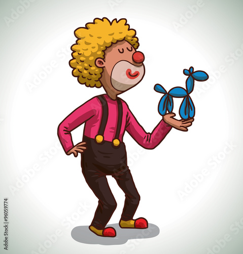 Vector cartoon image of a happy funny clown with yellow hair with a red clown nose in black pants, pink shirt and red and yellow shoes with a blue balloon in the hand on a light background.