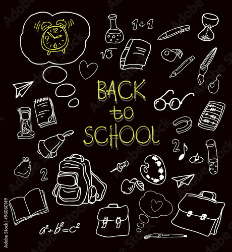 Back to school doodles in chalkboard background. Vector  hand drawing icons. Linear illustration.