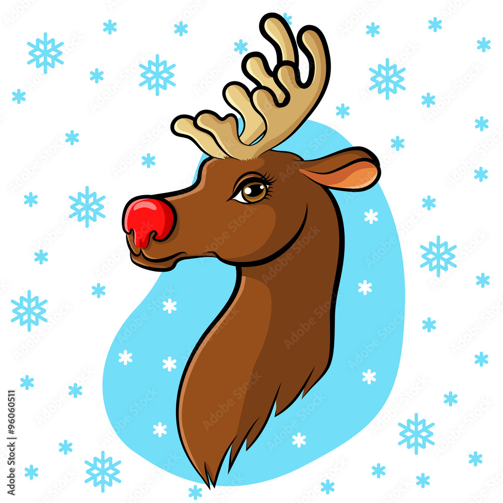 Cartoon muzzle reindeer on snowflakes background Cartoon muzzle reindeer on snowflakes background
