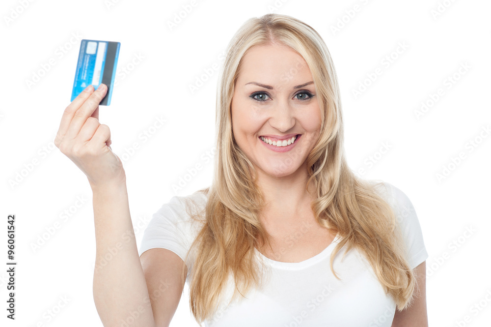 Pretty woman showing credit card Pretty woman showing credit card