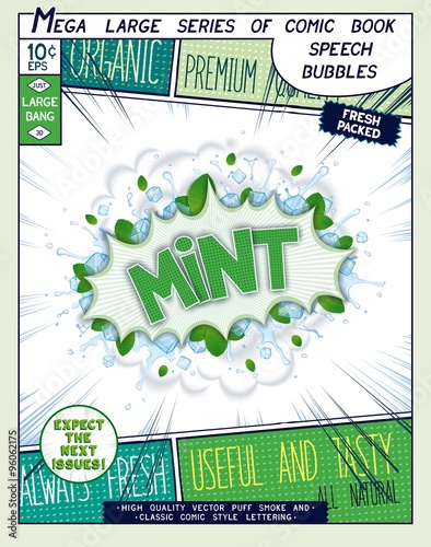 Mint. Colorful explosion with mint leaves, ice, water splashes and clouds of smoke in comic style.. Realistic pop art speech bubble