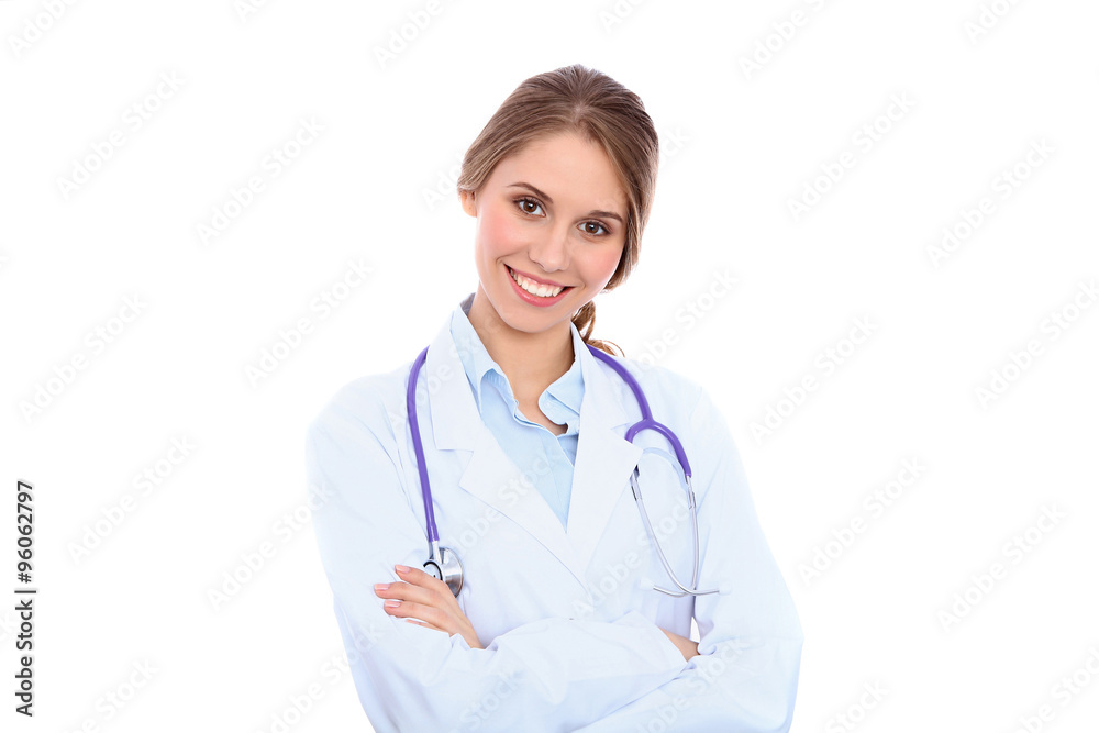 Friendly smiling young female doctor, isolated over white background Friendly smiling young female doctor, isolated over white background