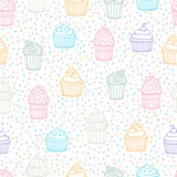 Vector seamless pattern with sweet cape cakes. Hand drawn doodle muffin and confetti. Colorful cape cakes on white background.
