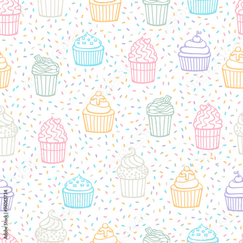 Vector seamless pattern with sweet cape cakes. Hand drawn doodle muffin and confetti. Colorful cape cakes on white background.