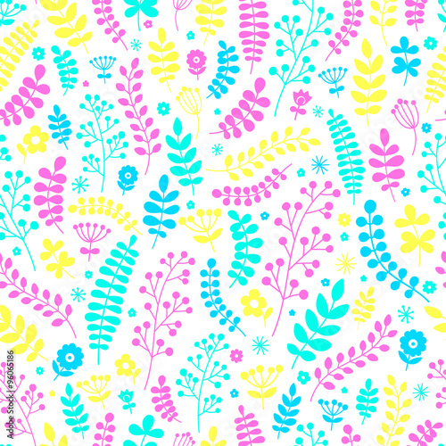 Floral seamless pattern. Hand drawn doodle flowers and plants for your design. Vector. Yellow  green  pink ang green flowers on white background.