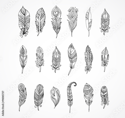 Hand drawn bohemian, tribal, ethnic set of feathers