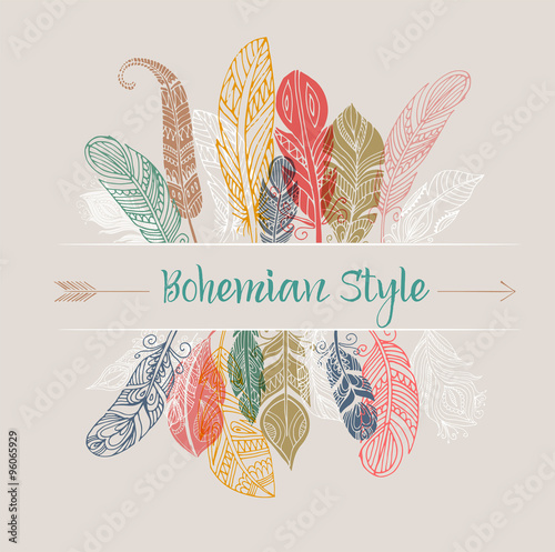 Bohemian style poster with gypsy colorful feathers