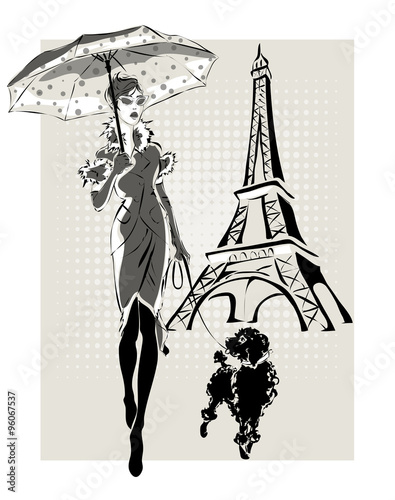 illustration Fashion woman near Eiffel Tower with little dog