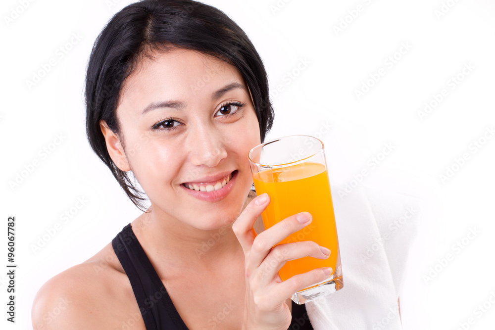 smiling, happy, healthy woman with orange juice