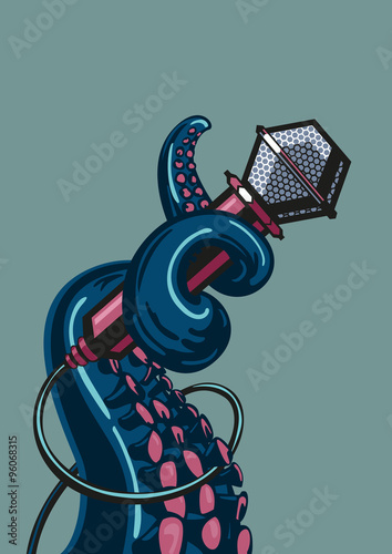 Octopus tentacle is holding a microphone. The  template for music posters