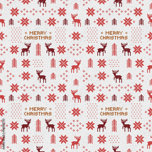 seamless retro red christmas pattern with deers, trees and snowflakes