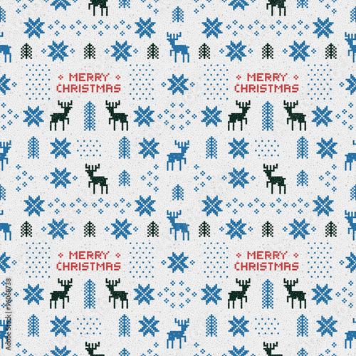 seamless retro blue christmas pattern with deers, trees and snowflakes