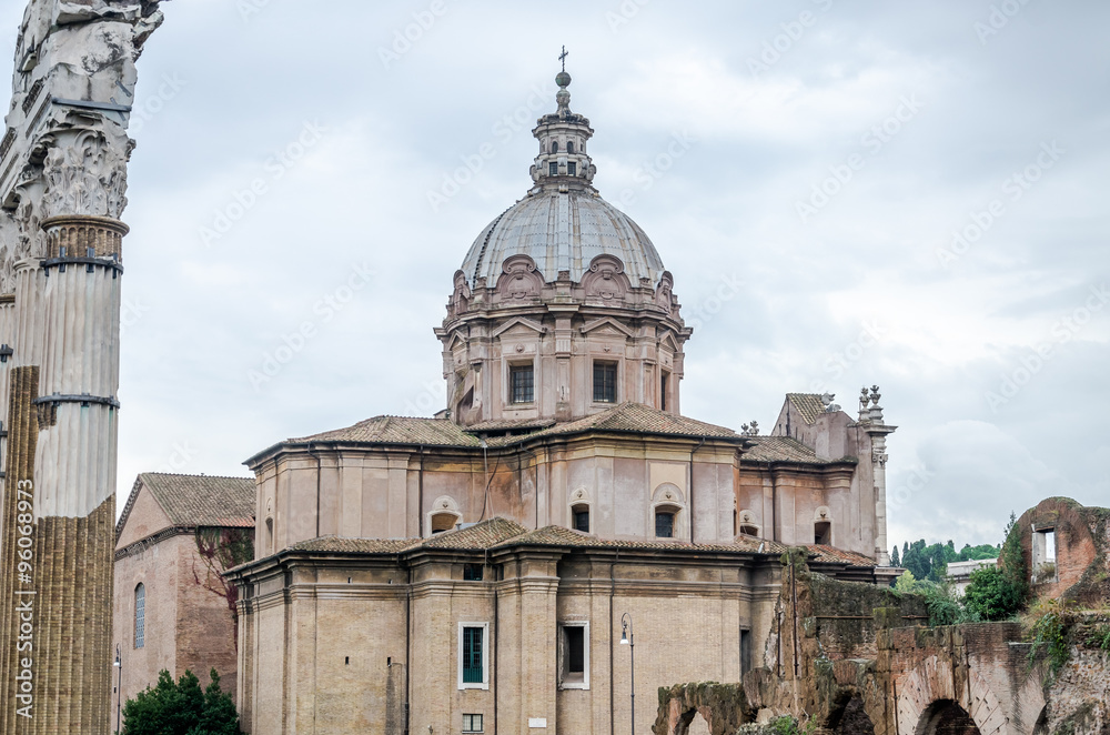 Dome of the church Santi Luca e Martina which is located between the ruins of the Roman Forum and the Forum of Caesar in Rome, capital of Italy