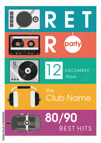Retro hits. Vintage poster with audio equipment.