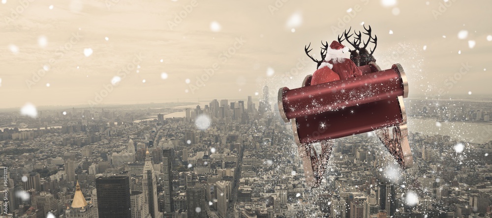 Composite image of santa flying his sleigh - obrazy, fototapety, plakaty 