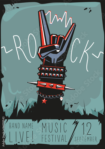 Rock poster with a hand. Design template with a vector illustration and text for rock music fans.