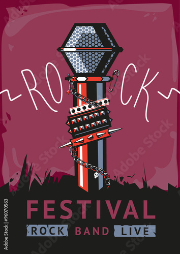 Rock poster with a microphone. Design template with a vector illustration and text for rock music 