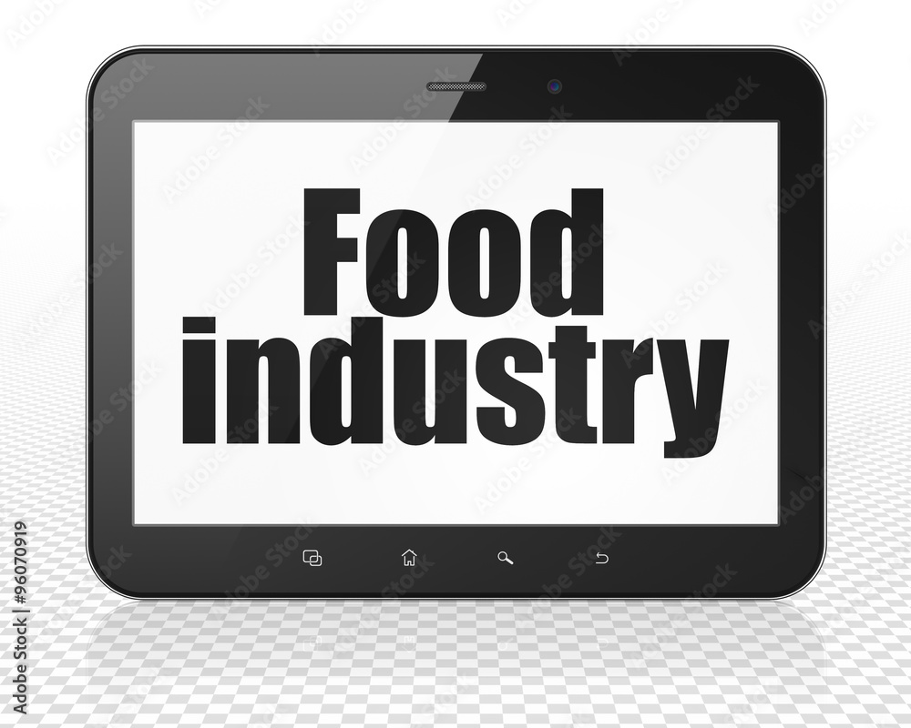 Manufacuring concept: Tablet Pc Computer with Food Industry on display Manufacuring concept: Tablet Pc Computer with Food Industry on display