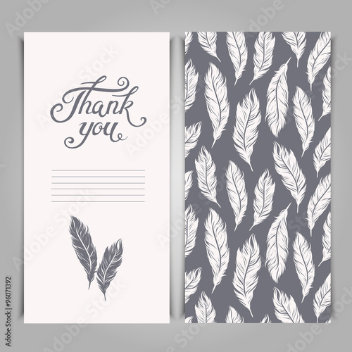 Quadro em tela Elegant Thank You card template with silver feathers symbols