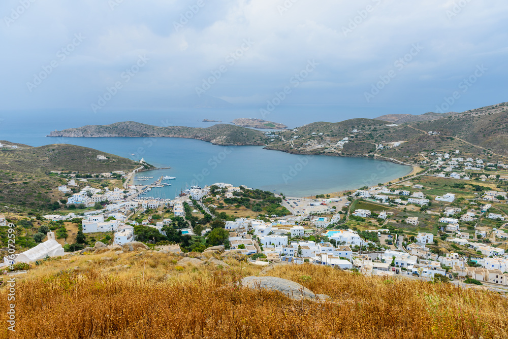 Panorama of the coast of the Greek island of IOS, Cyclades, Greece.