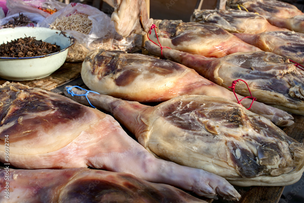 Cured meat sold at market, people make meat dried and cured to keep long time in south area of China.