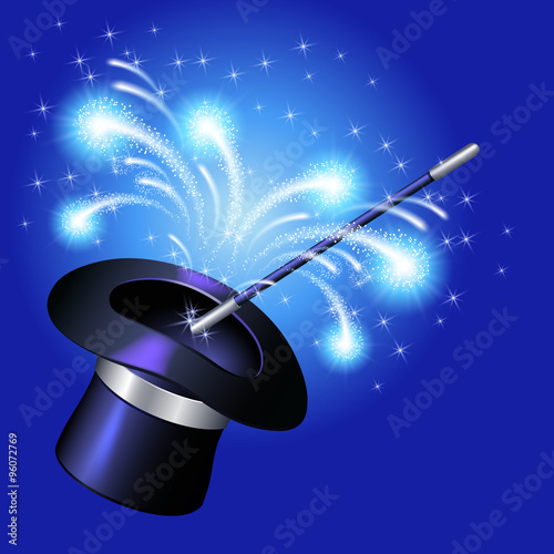 Conjurer hat with magic wand and sparkle fireworks