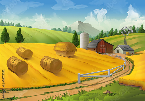 Farm, rural landscape vector background