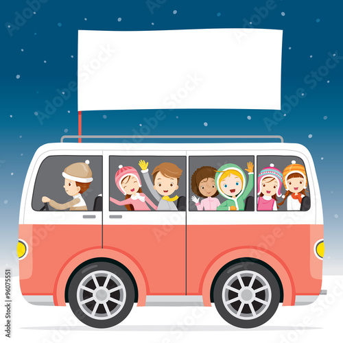 Children On Bus With Flag Driving To Travel, Activity, Travel, Winter, Season, Vacation