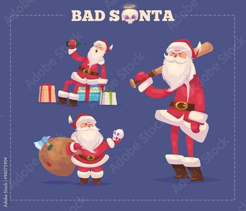 Set of the bad Santa. Christmas greeting card background poster. Vector illustration