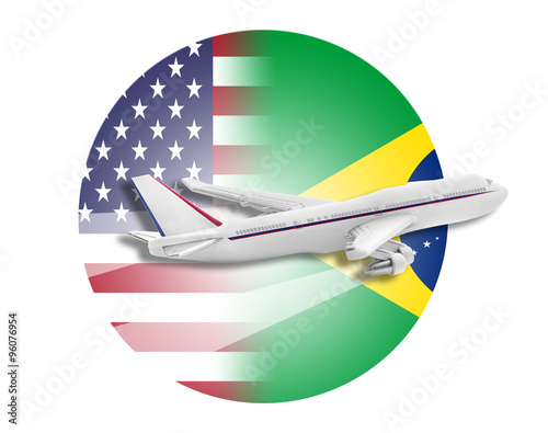 Plane, United States and Brazil flags.