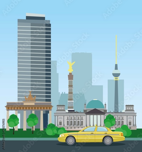 Historical and modern buildings of Berlin. Taxi on city background. Vector illustration.