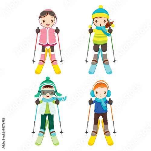 Boy And Girl In Skiing Clothing Set, Activity, Travel, Winter, Season, Vacation, holiday, Nature, Object
