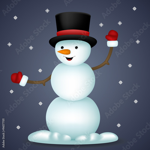 Happy Cartoon Snowman New Year Toy Character Icon on Snowflakes Background Vector Illustration © alestraza